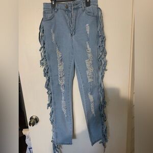 Light Blue Fringe-Trim Distressed Skinny Jeans
